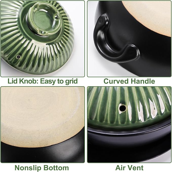 Okllen Large Korean Ceramic Bowl with Lid and Trivet, 54 oz Clay Pot for Cooking, Sizzling Hot Pot for Dolsot Bibimbap, Soup, Casserole, Rice, Stew, Noodle，Retro Green