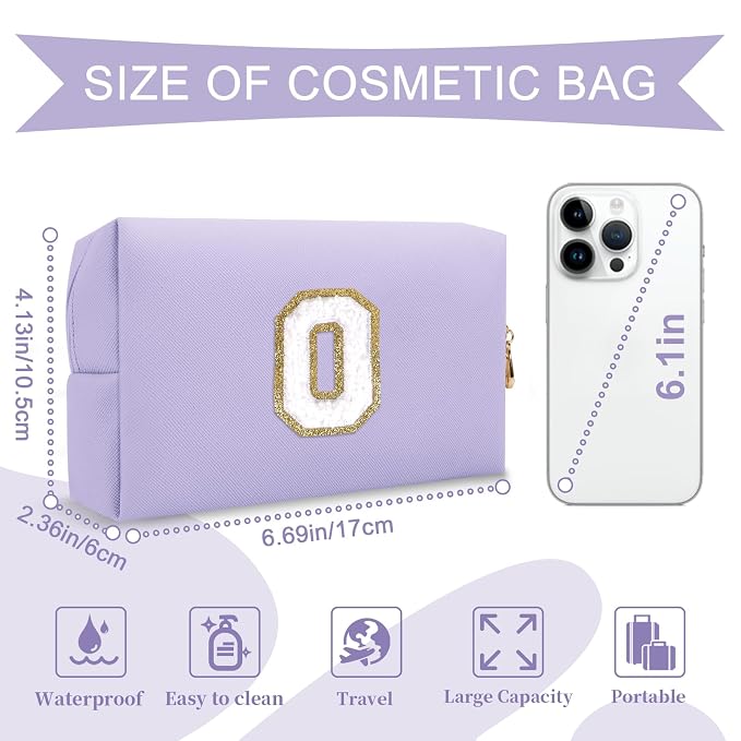 Personalized Makeup Bag Initial A-Z Preppy Patch Bag,Small PU Leather Travel Cosmetic Bag Pouch with Zipper,Purple Cute Toiletry Bag,Gift Ideal for Teen Girls Women Birthday Friend Mom,Latter O