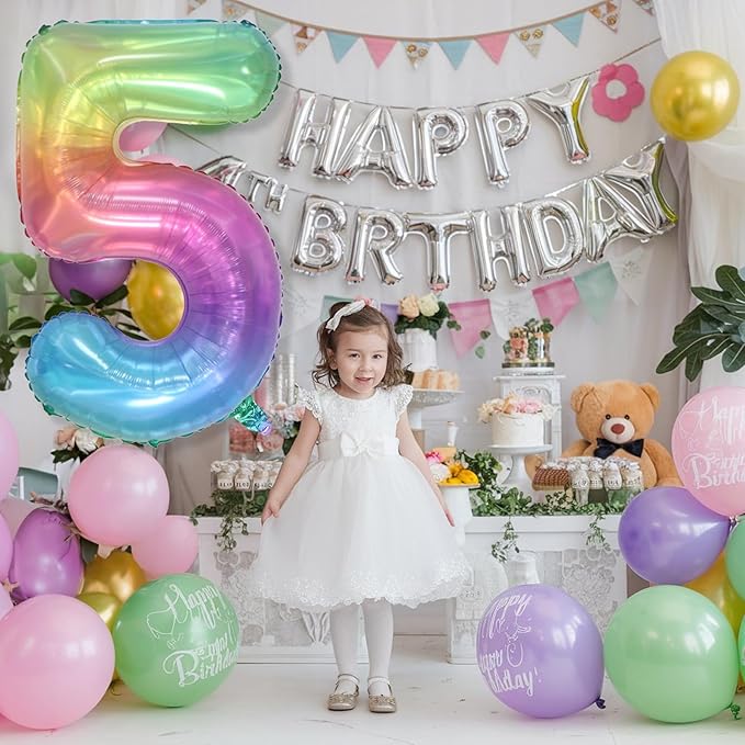 Big Number 5 Balloons, Rainbow Foil 5 Balloon Numbers 40 Inch, Giant 5th Birthday Party Decor, Mylar Helium Self Inflating Colorful Multicolor Jelly Balloon for Kids Birthday Anniversary Decorations