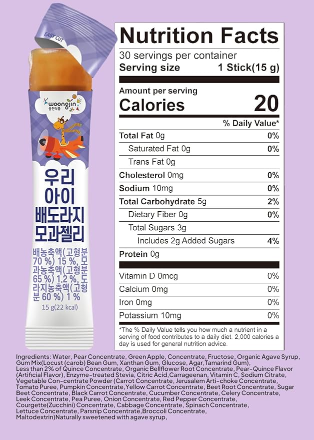 Korean Food Woongjin Pear Bellflower Quince Jelly Stick, Fruity Flavor 30Pk | Naturally sweetened fruit-flavored jelly sticks in individually wrapped portable packs