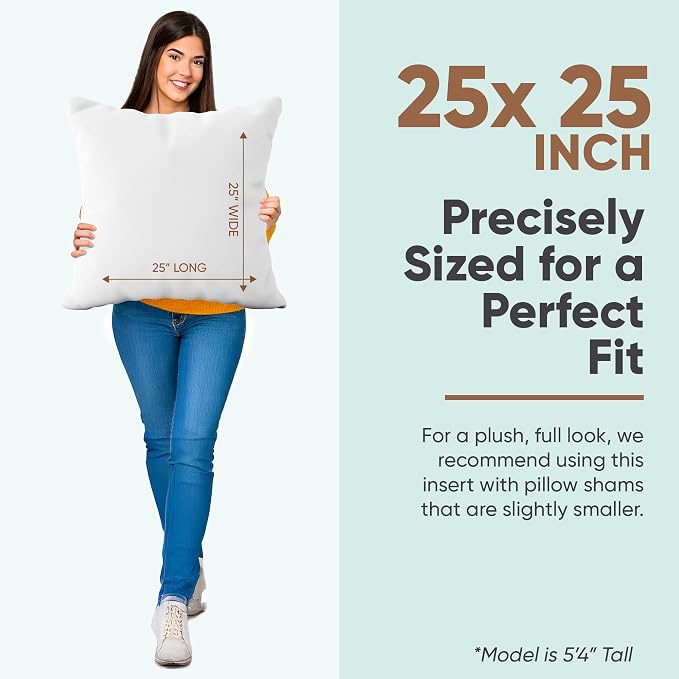 Pillowflex Synthetic Down Pillow Insert 25x25 in - Karate Chop Pillow | Large Square Euro Sham Form, Plush Polyester Cotton Blend, Cloud-Like Comfort, Clump-Resistant Fill, Smooth Elegant Finish