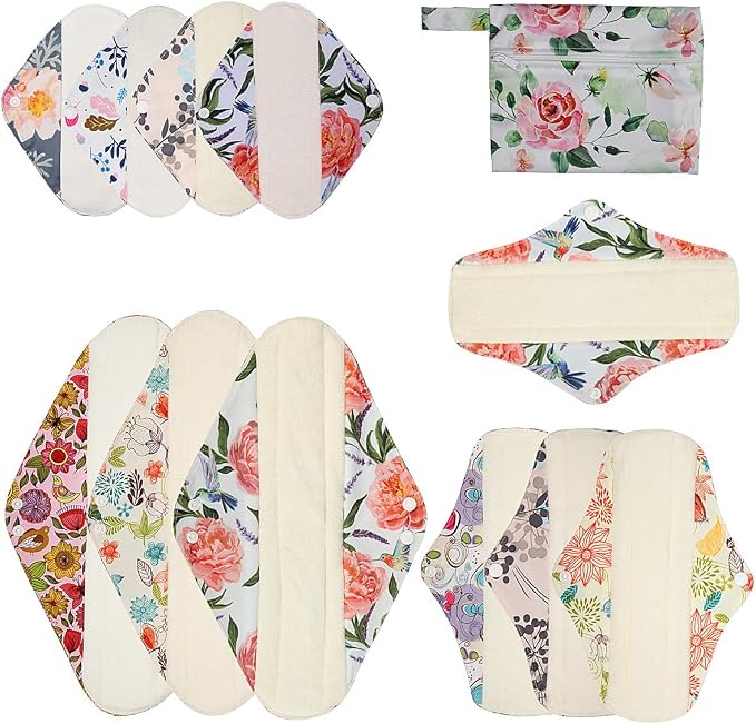 12 Pack Cloth Menstrual Pads,Reusable Sanitary Pads,4 Pieces Panty Liners + 4 Pieces 10 Inch Regular + 3 of 14 Inch Overnight and 1 of Mini Bag,Unscented