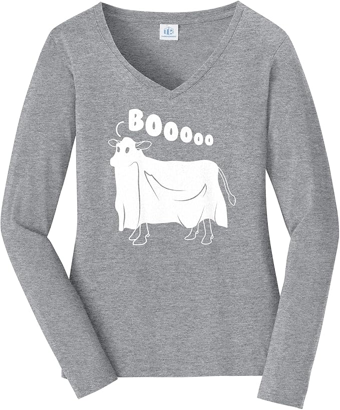 Threadrock Women's Cow Ghost Saying Moo Long Sleeve V-Neck T-Shirt