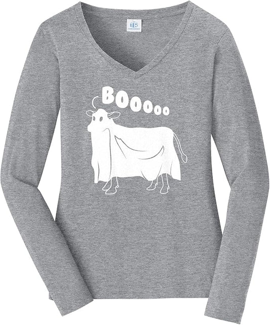 Threadrock Women's Cow Ghost Saying Moo Long Sleeve V-Neck T-Shirt