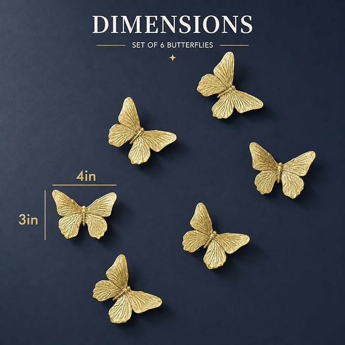 GUSFREUD 3D Butterfly Wall Decor Set – Resin Wall Decor for Living Room, Bedroom, Bathroom, Dining Room, Outdoor and Gallery Walls - Antique Gold - Set of 6
