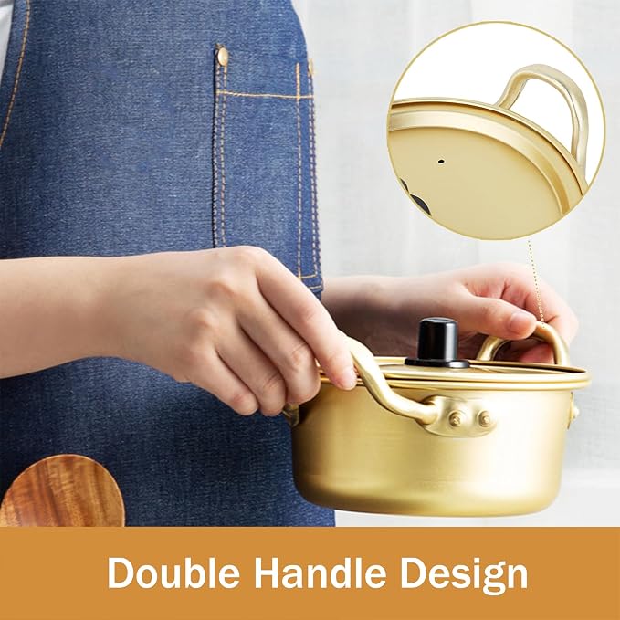 Korean Ramen Noodle Pot, Ramen Noodle Cookware Yellow Aluminum Non Stick Korean Traditional Quick Cooking Bowl for Open Fire and Electric Ceramic Stove(16cm Pot)