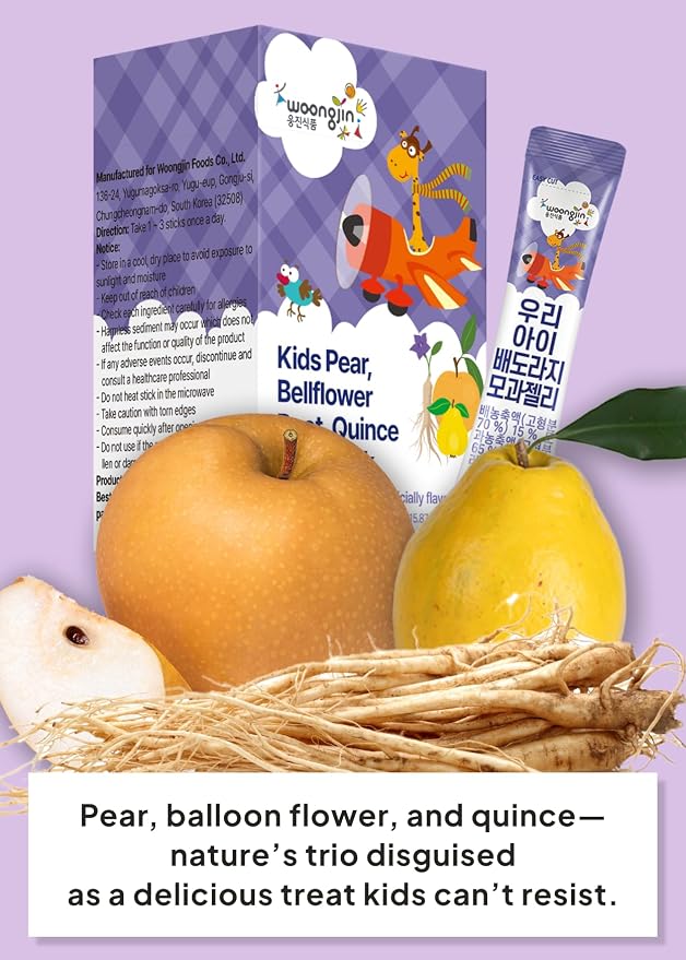 Korean Food Woongjin Pear Bellflower Quince Jelly Stick, Fruity Flavor 30Pk | Naturally sweetened fruit-flavored jelly sticks in individually wrapped portable packs
