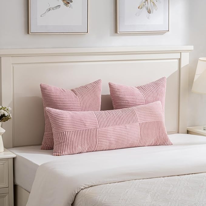 Fancy Homi Set of 2 Blush Pink Boho Long Lumbar Body Decorative Throw Pillow Cover 14x36 Inch for Bed Couch Bedroom Bench, Soft Patchwork Corduroy Textured Pillow Case, Rustic Farmhouse Room Décor