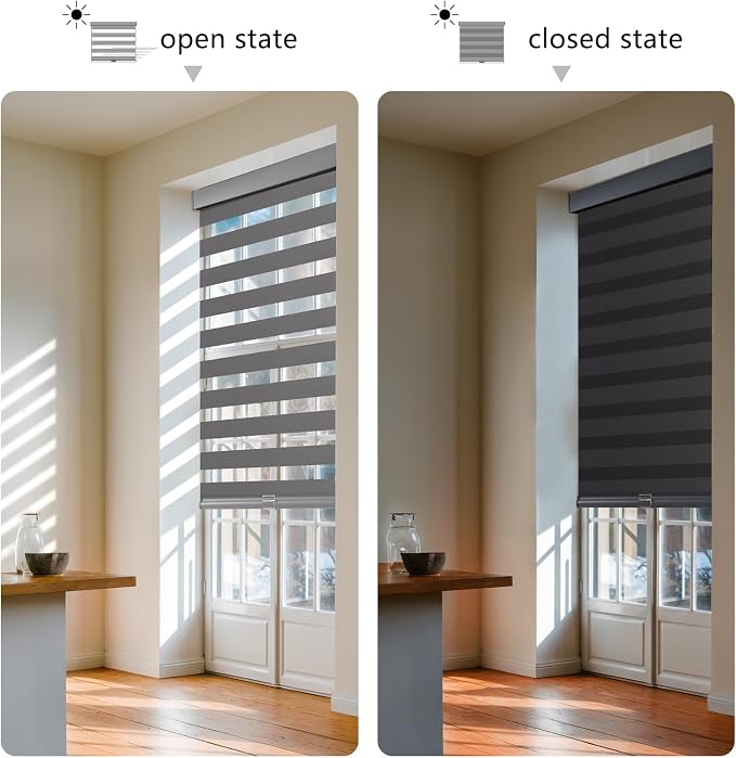 AOSKY Cordless Zebra Blinds for Windows Pull Down Roller Window Shades Dual Layer Light Filtering Privacy for Day and Night, Free-Stop Door Shades for Home Easy to Install (23" W X 72" H, Grey)