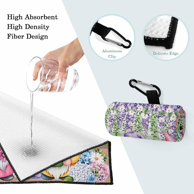 Blue Purple Gnomes Golf Towel with Clip, Spring Hydrangea Flower Leaf Green Plaid Large Microfiber Women Men Sports Work Out Disc Golf Bag Towel for Yoga, Gym, Fitness, Swimming Towels Accessory