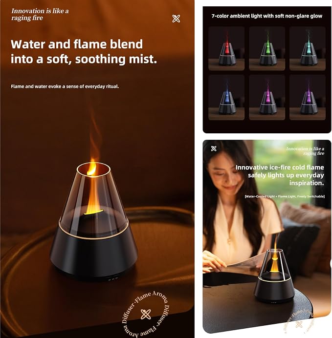 Ultrasonic Aroma Diffuser with Simulated Flame, 150ml, Timer and Auto-Off, LED Ambient Light (White)
