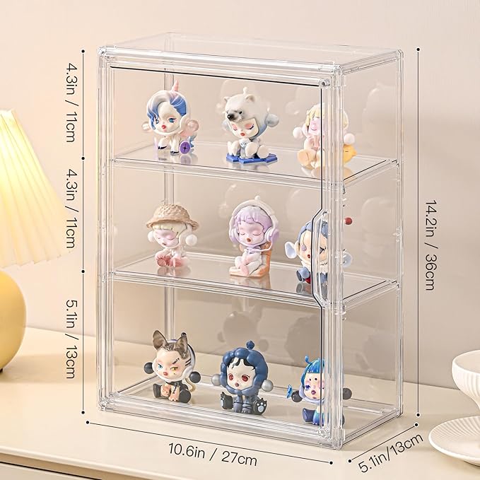 3 Tier Clear Display Case for Figures, Wall-Mounted Acrylic Storage Organizer Box, Stackable Display Cabinet with Magnetic Door & Removable Shelves, Showcase for Collectibles, Figures