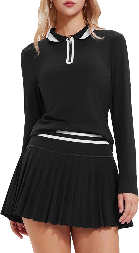 Tennis Skirt Sets for Women Zipper Color Block High Waisted Golf Polo Two Piece Skirt Set Women 2 Piece Outfits