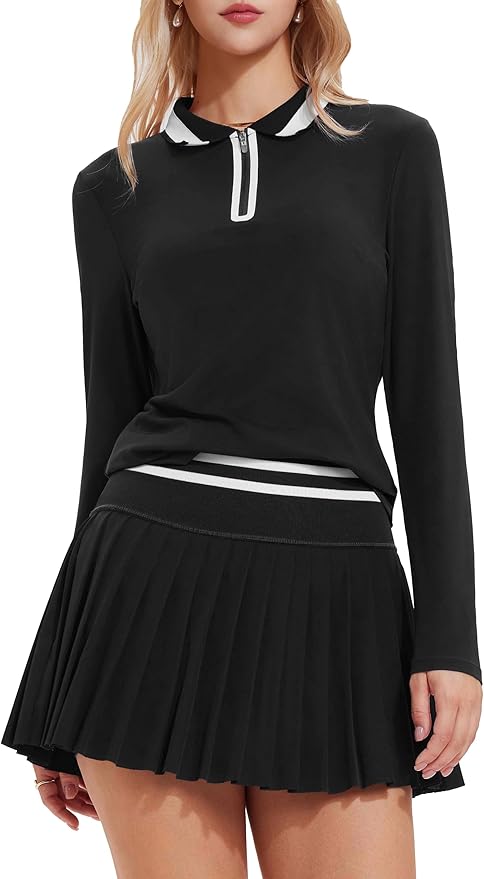 Tennis Skirt Sets for Women Zipper Color Block High Waisted Golf Polo Two Piece Skirt Set Women 2 Piece Outfits