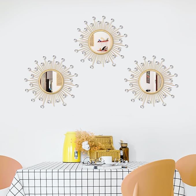 3 Pack Metal Mirrors for Wall Sunburst Wall Mirrors Home Décor Decorative Hanging Wall Art for Living Room Bedroom Entryway (Gold Crystal, Sunburst)