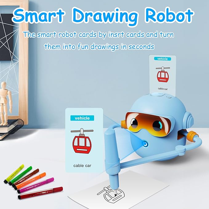 Custer's Night Drawing Robot for Kids - Montessori Painting Toys for 3 4 5 6 7 8 Year Old, Voice Interactive Educational Drawing Machine with 100 Cards,12 Colorful Pens & Music-Gift for Boys Girls B