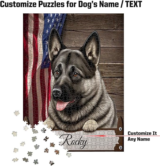 Custom Wooden Jigsaw Puzzles with Your Dog's Name on Norwegian Elkhound Art Print - 300 500 1000PCS Puzzles Game and Home Wall Decor