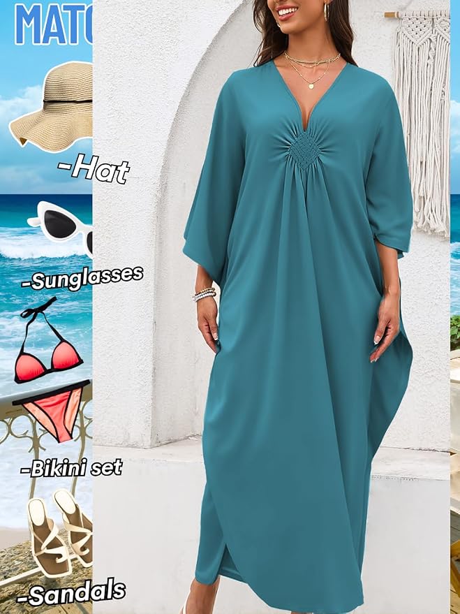 ChiaoLezhee Print Moo-Moos for Women, Kaftan Cover-Up Dresses, Sexy V-Neck High-Slit, Beach Pool-Party Coverups Muumuu Plus