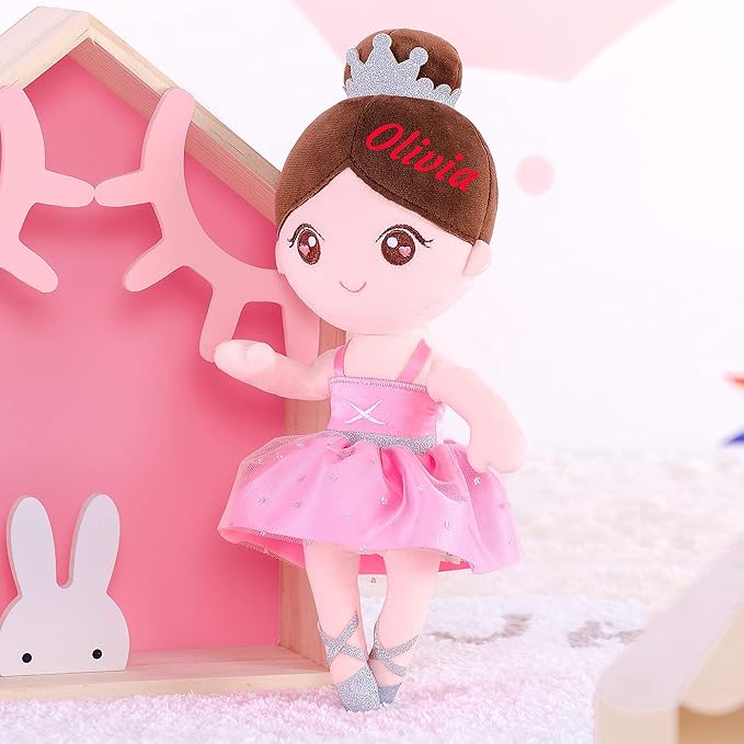 Gloveleya Personalized Baby Girl Doll with Gift Box – Custom Name Soft Plush Ballet Princess Toy, Light Pink Ballerina Doll, Perfect Birthday, Christmas for Kids 13 Inches