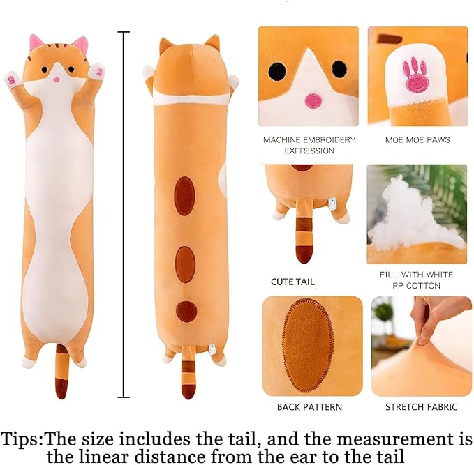Long Cat Plush Pillow Soft Cat Hugging Pillow Stuffed Animal Pillow Cute Kitty Sleeping Throw Pillow Gift for Kids(130cm/51.18inch,Yellow