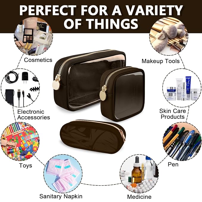 UIXIZQ Clear Mini Makeup Bag for Purse, Small Nylon&PVC Cosmetic Travel Bag TSA Approved Toiletry Bag with Zipper, Preppy Transparent Makeup Travel Bag Coin Purse for Women Men Girls(Mini-Chocolate)