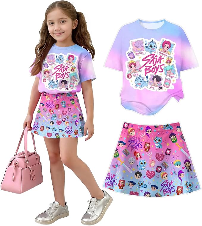 HTHLVMD K Pop Short Sleeve T-Shirt and Skirts Outfits Set for Girls Hunters Rumi Mira Zoey Graphic Tees De-Mon Costume