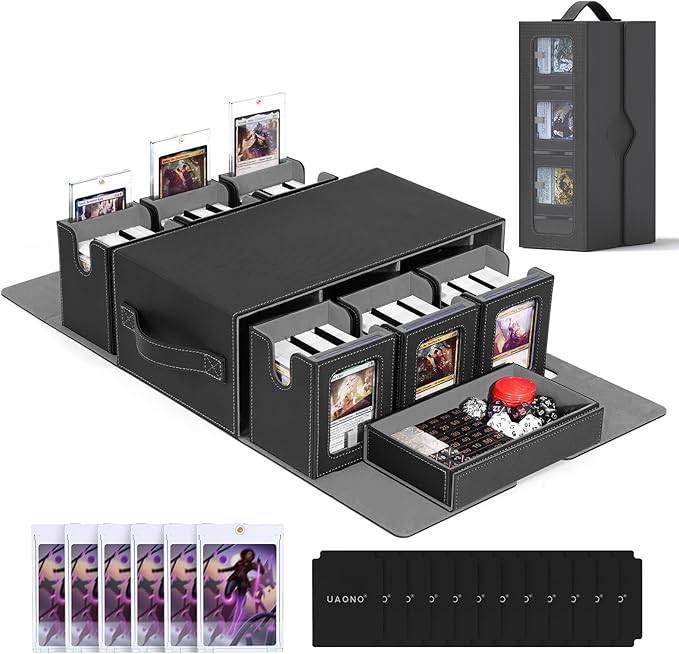 UAONO Commander Deck Box for MTG, 6-Deck Modular Card Case with Dice Tray Holds 600+ Double-sleeved Cards, Removable Trading Cards Storage Box with 35PT Magnetic Card Holders for TCG, Black Grey