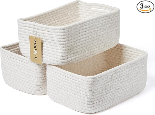 MiniArk Small Storage Baskets for Organizing | Closet Organizer Bins | Shelf Toy Basket | Woven Rope Baskets | Cube Decorative Box | Shallow Basket | 13x8.5x5.1” | 3 Packs Off White