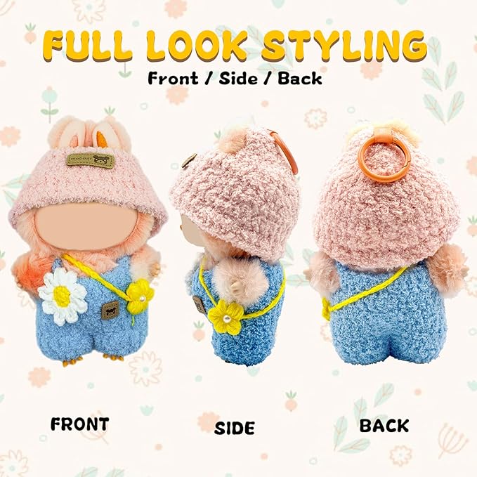 17cm Doll Clothes, 3-Piece Set with Handmade Hat, Jumpsuit & Bag, Sunflower Style Outfit for Cute Plush Doll, for Keychain Accessories(Pink and Blue)