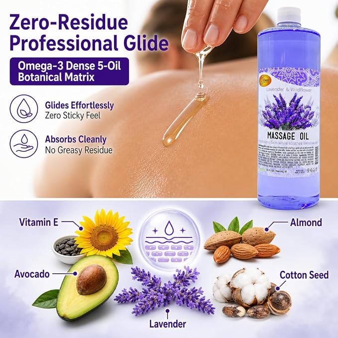 SPA REDI Lavender Massage Oil – Zero-Residue Botanical Blend for Deep Tissue & Dry Skin Care | Vitamin E, Avocado & Almond Oil | Sulfate-Free, Cruelty-Free | Professional & At-Home Use | 32 oz