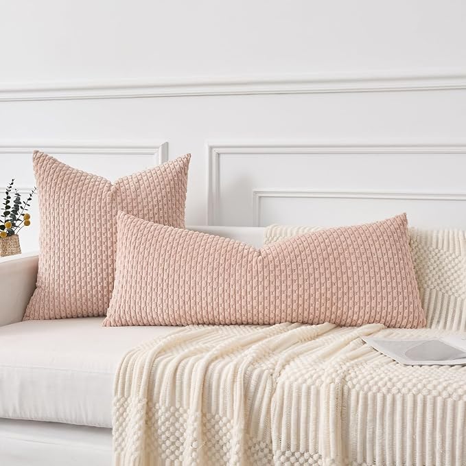 Kevin Textile Soft Corduroy 14"x36" Lumbar Pillow Cover 1 Pack, Light Pink | Boho Stripe Plush Corduroy Decorative Oblong Cushion Cover Modern Farmhouse Home Decor for Sofa Couch Bed Chair
