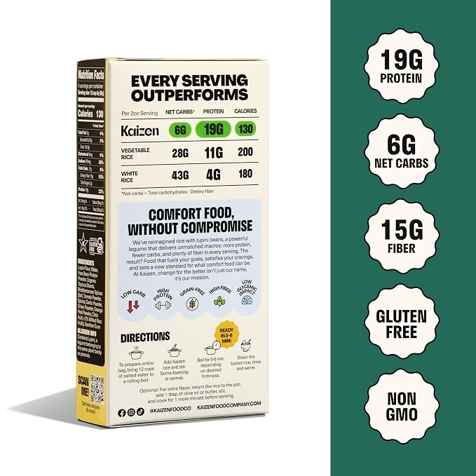 Kaizen Low Carb Rice, 20g High Protein, 6g Net Carb, Mediterranean (3-Pack) | High Fiber 15g, Gluten-Free, Keto-Friendly, Plant-Based Lupini Orzo, Non-GMO, Kosher, Protein Base for Bowls