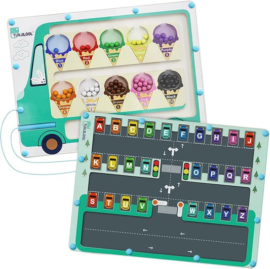 TUNJILOOL 2 in 1 Magnetic Color and Number Maze Board, Alphabet Counting Puzzle Double Sided Busy Board, Montessori Educational Toys for Kids, Fine Motor Skills Learning Toys