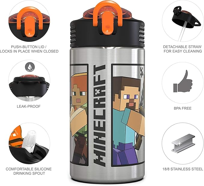 Zak Designs Minecraft - 15.5 oz Singal Wall Stainless Steel Water Bottle with One Hand Operation Action Lid and Built-in Carrying Loop, with Straw Spout is Perfect for Kids (Small)