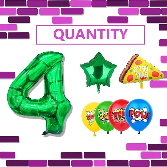 7Pcs Cartoon Turtle Theme Birthday Decorations 40 Inch Number 4 Foil Balloons Super Green Turtle Themed Hero Large Mylar 4th Number Balloon Video Game Pizza Balloon Party Favors Red