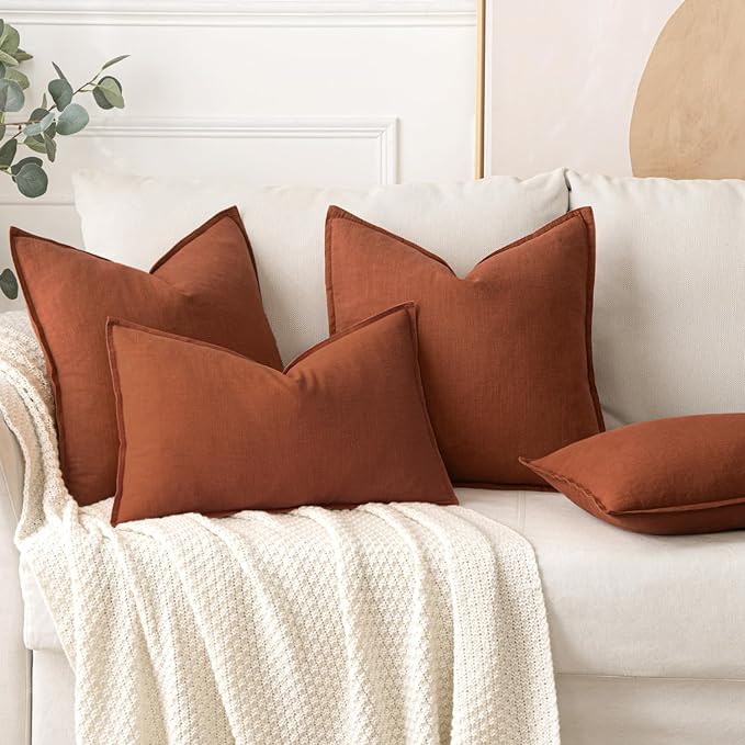 MIULEE Decorative Linen Euro Sham Pillow Covers 26x26 Rust | Boho Farmhouse Fall Autumn Couch Throw Pillows for Bed, Pack of 2 Accent Modern Pillowcases, Sofa Livingroom Home Decor