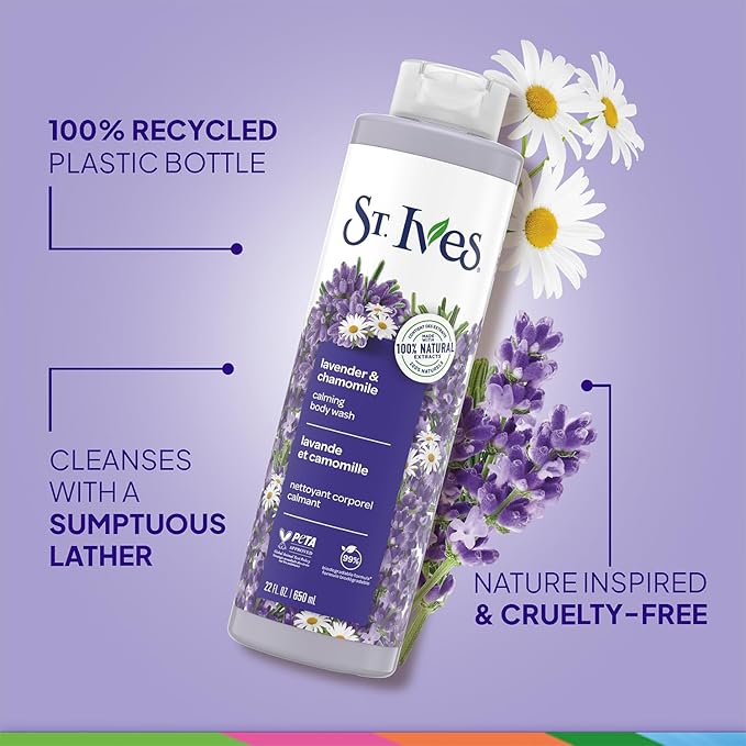 St. Ives Body Wash, Lavender & Chamomile Calming Shower Gel 2-Pack, 100% Natural Extracts, Cruelty-Free, 22 Oz Ea