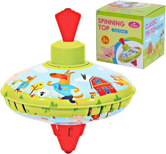 Fun Farm Spinning Top Tin Toy for Kids – Retro Classic Toys - Toddler Traditional Spin Tops - Metal Fidget Spinner for Kindergarten – Sensory Gyroscope - Novelty Present Party Favors