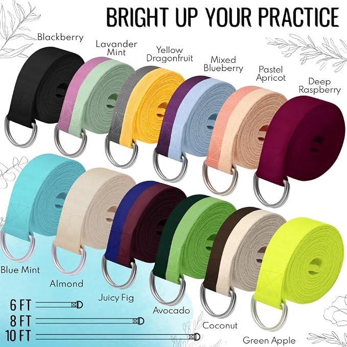 TECEUM Yoga Strap & Mat Strap – 2 IN 1 – Cotton – 6 ft 8 ft 10 ft (30+ colors) – Adjustable Non-Slip Belt for Yoga, Pilates, Stretching, Physical Therapy, Fitness & Home Workout – For Carrying Mats