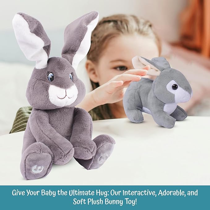 Dimple Bunny Set - Milo Stuffed Bunny Toy, Animated Interactive Rabbit with Peek-a-Boo Feature with Singing Songs and Grey Plush Baby Rabbit, Perfect Baby Plush Toy Gift for Ages 0 an Up