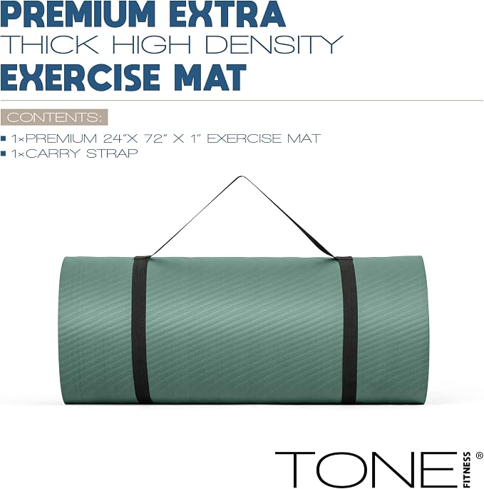 Tone Fitness 1-Inch Thick Yoga Mat | High-Density, Non-slip Exercise Mat with Carrying Strap for Yoga, Pilates, & Home Gym Workouts | Multiple Options