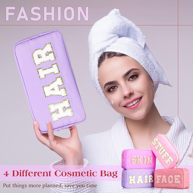 Preppy Makeup Bags Chenille Letter Stuff Bag Nylon Cosmetic Pouch Cases with Zipper for Women Travel Toiletry(Mixed Color,Classic,4 Pcs)