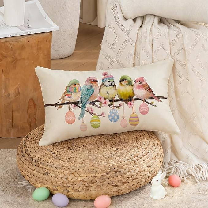 RABUSOFA Easter Pillow Covers 12x20 inch Easter Decorations for Home Pink Birds Colorful Eggs Lumbar Throw Pillows for Bedroom Sofa Holiday Festivals Decor