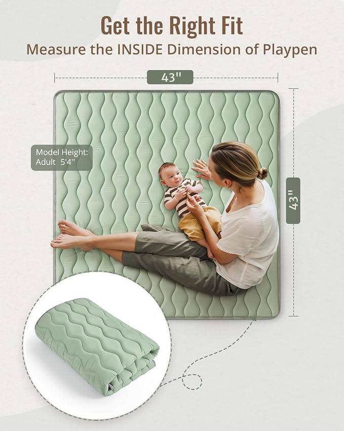 Blissful Diary Portable Baby Play Mats for Floor, 43" X 43" Thicker Cushioned Foldable Baby Crawling Mat for Indoor Outdoor, Non-Slip & Washable Kids Playmat for Tummy Time Activity, Sage Green