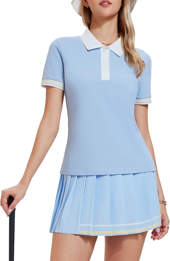 Mudere Golf Outfits for Women Tennis Skirt Set Polo Top Pleated Skort | Ribbed Short Sleeves, Built-In Shorts, Side Pocket, Nylon Spandex Blend, Pickleball Running Dress, Versatile Athletic Wear