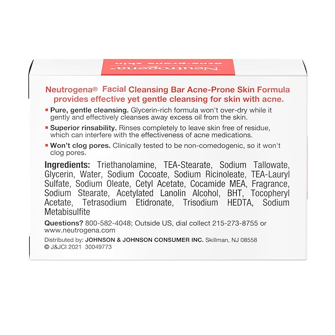 Neutrogena Facial Cleansing Bar for Acne-Prone Skin,Gentle Non-Medicated Daily Cleanser,Non-Comedogenic Transparent Soap with Glycerin,No Dyes or Detergents,3.5 oz,(Pack of 3)