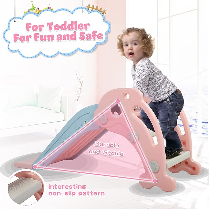 NYEEKOY 3 in 1 Toddler Slide, Baby Slide Climber Playset with Basketball Hoop and Ball, Indoor and Outdoor Playground for Kids