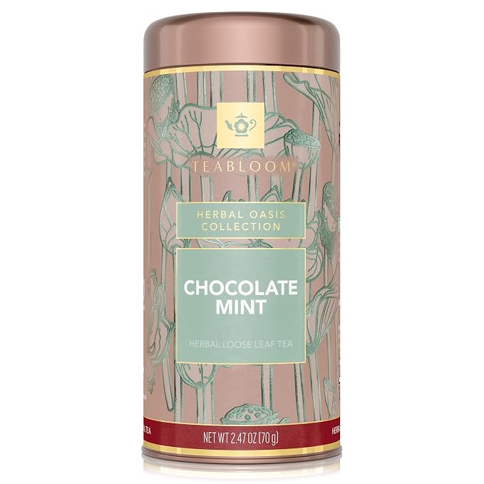 Teabloom Chocolate Mint Loose Leaf Herbal Tea with Cocoa Husk & Peppermint | Dessert-Inspired Caffeine-Free Blend | Canister Makes 35–50 Cups | Gift-Ready Reusable Tin