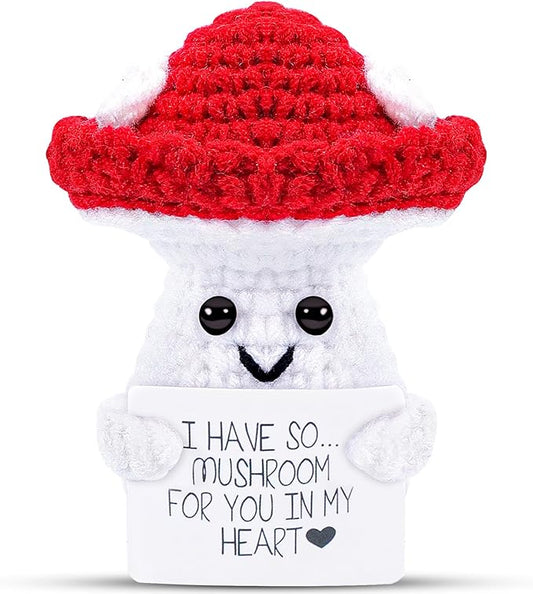 Hoedia Handmade Emotional Pickle Gift, Cucumber Crochet Doll Inspirational Gifts with Cards, Cute Knitted Funny Support Pickle Potato Friend Birthday (Emotional Mushroom)