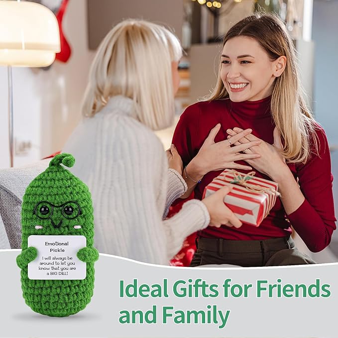 Hoedia Crochet Pickle Dolls Friend Birthday Valentines Gifts for Her Women Wife Girlfriend Sister from Husband Men, Cute Funny Gifts for Coworkers Student Teacher Roommates (Pickle with Glasses)